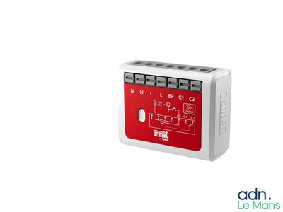 a close up of a red and white electronic device on a white background