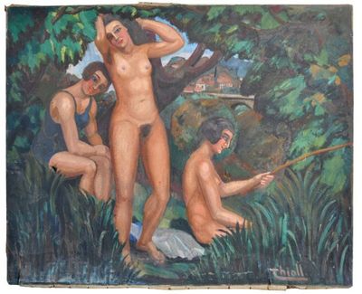 une image représentant un tableau où l'on voit trois hommes nus en train de pêcher dans une rivière
