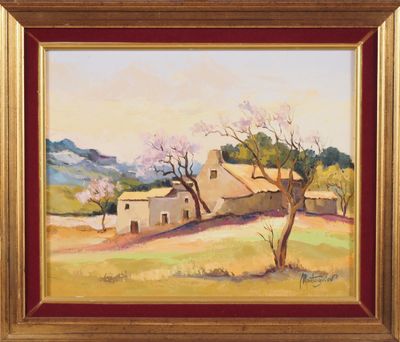 un tableau représentant une scène de campagne avec une maison et des arbres