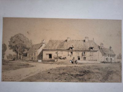 une vieille photo représentant une ferme avec une maison et deux chevaux