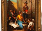 an oil painting of a family gathering in a village