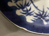a blue and white plate with a flower design on it
