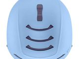 an image of a blue helmet with a button on it