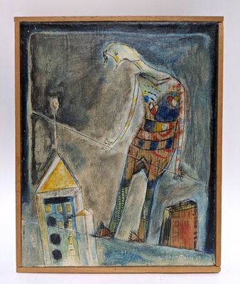 an image of a painting of a bird standing on top of a building