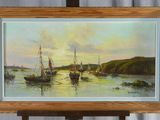 une peinture à l'huile représentant des bateaux sur l'eau dans une baie
