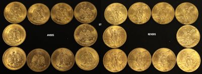 a close up of a bunch of gold coins on a black surface