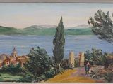 une peinture à l'huile représentant un homme descendant une colline, avec une vue sur une ville en arrière-plan