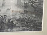 a picture of a painting of a harbor scene with boats