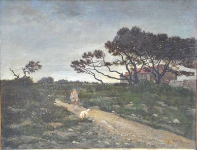 un tableau représentant une femme promenant son chien sur un chemin de terre