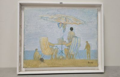 un tableau représentant un homme assis sur une chaise longue sous un parasol
