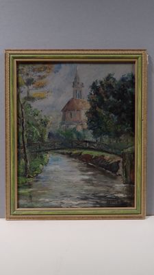 peinture représentant une rivière avec une église en arrière-plan, accrochée au mur
