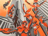 illustration of a group of superheros in front of a tall building