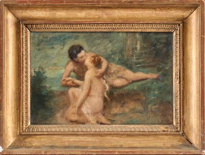 une peinture à l'huile représentant une femme nue assise par terre