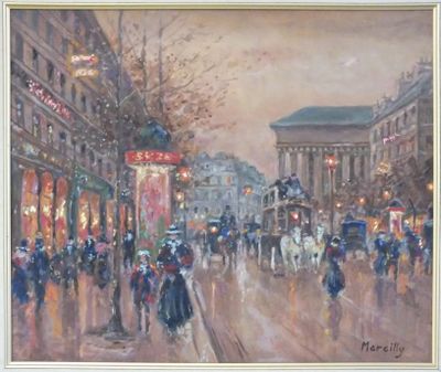 tableau représentant une rue animée de la ville, avec des passants marchant sur le trottoir