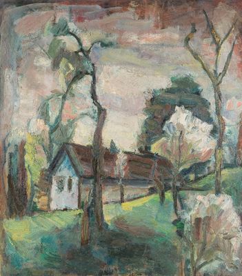 une peinture représentant une peinture d'une maison et d'arbres dans un champ