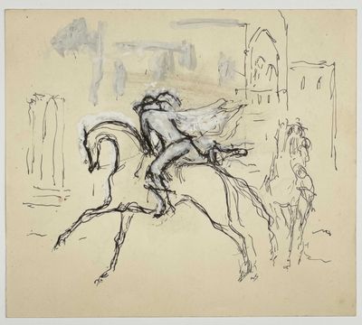 an image of a drawing of a man on a horse in front of a building