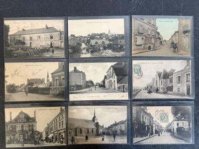 several old black and white photos of a street with buildings