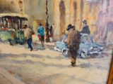 un tableau représentant des personnes marchant dans la rue sous la neige