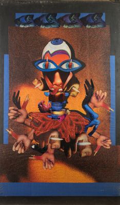 an image of a painting of a clown with many hands