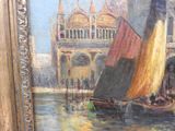 a painting of a boat in the water near a building