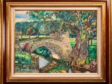 a painting of a bridge over a river with a tree in the foreground