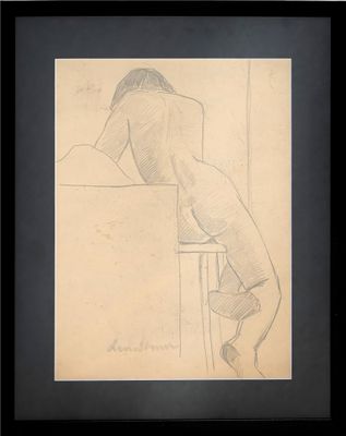 dessin encadré et monté sur passe-partout représentant un homme appuyé contre une chaise