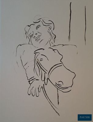dessin représentant une femme appuyée contre un mur, la main posée sur l'épaule d'un cheval