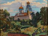 an image of a painting of a church on a hill