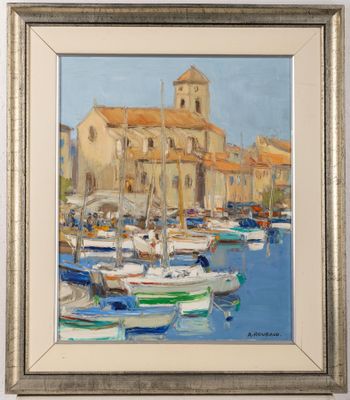 une peinture à l'huile représentant des bateaux dans un port, avec une église en arrière-plan