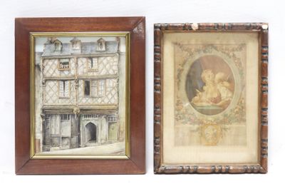 two framed pictures of a building and a picture of a child
