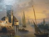 a painting of a boat on the water with a castle in the background