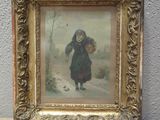 an old picture of a woman walking in the snow holding a basket