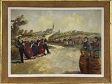 une peinture à l'huile représentant un groupe de personnes debout sur un chemin de terre