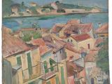 an oil painting of a view of a town from a hill
