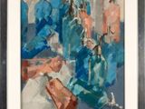 une peinture à l'huile représentant un groupe de personnes vêtues de bleu et d'orange