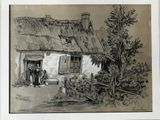 un dessin en noir et blanc représentant une maison au toit de chaume