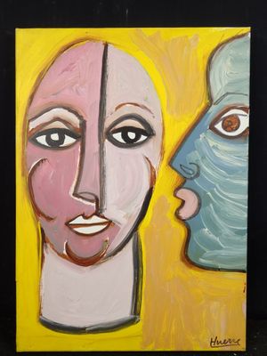 tableau représentant deux visages, celui d'une femme et celui d'un homme, sur fond jaune
