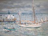 a painting of a boat in the water near a lighthouse