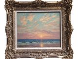 une peinture à l'huile représentant un coucher de soleil sur l'océan, avec un bateau au loin
