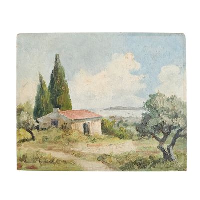 une image d'une peinture représentant une maison et des arbres dans un champ
