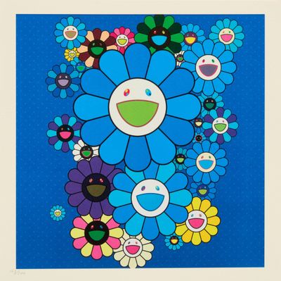 une image représentant une photo d'une fleur bleue sur laquelle figure un smiley