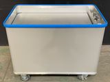 an image of a white and blue ice chest sitting on top of a tile floor