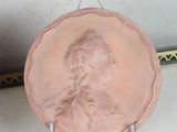 a pink plate with a picture of a woman on it