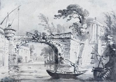 a drawing of a boat going under a bridge