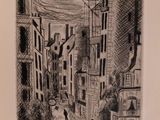 drawing of a drawing of a city street with buildings and a person walking