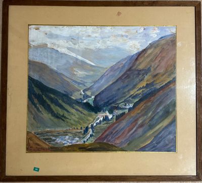 un tableau représentant un train traversant une vallée de montagne