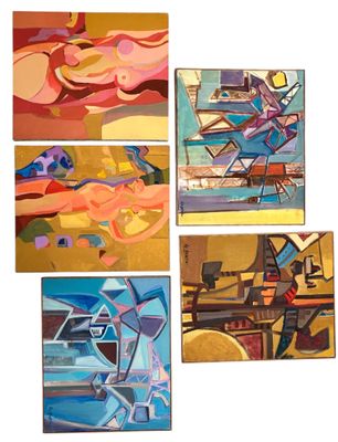 four paintings of different shapes and sizes are shown on a white background