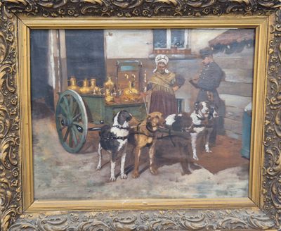 tableau représentant deux chiens et un homme avec une charrette dans une grange