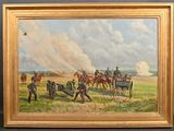 tableau représentant un groupe d'hommes à cheval tirant un chariot