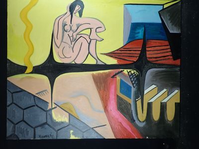 a painting of a woman sitting on a bench